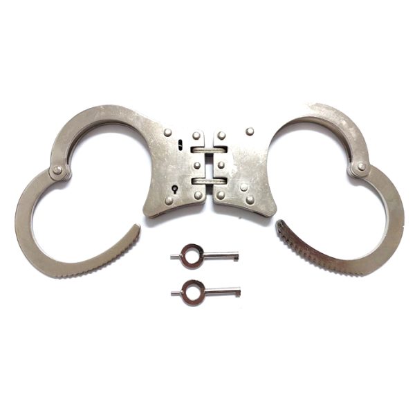double-locking-handcuffs-002. Nickel Double Locking Hinged Handcuffs with 2 Keys
