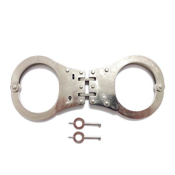 double-locking-handcuffs-001. Nickel Double Locking Hinged Handcuffs with 2 Keys