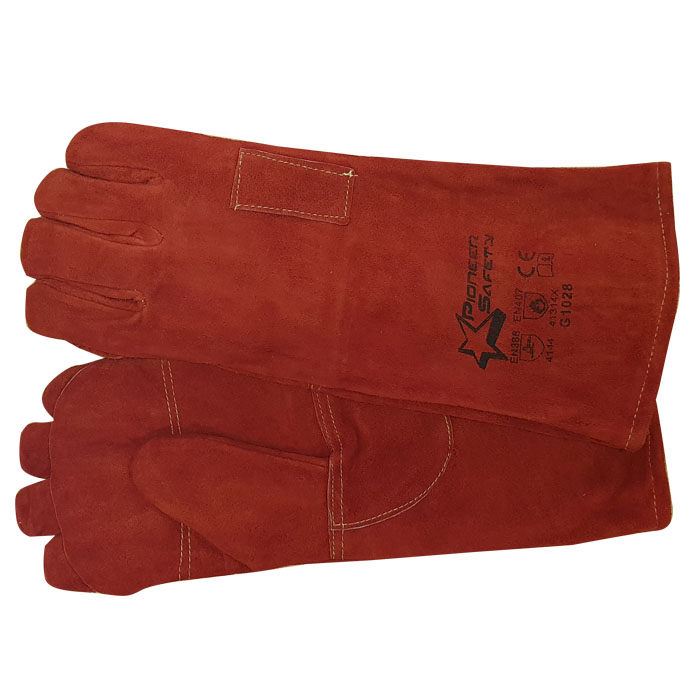 g1028 gloves 001. 8" Supa Red Heat Resistant Elbow Kevlar Stitched Welding Gloves - OSFM