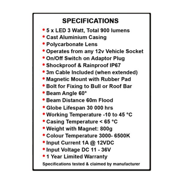 zartek 485 004. Zartek 900 Lumen 12v Vehicle Magnetic LED Floodlight with On/Off Switch