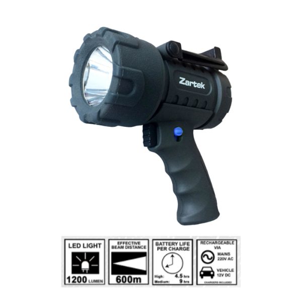 zartek 478 001. Zartek ZA-478 1200 Lumen EX Mega Bright Rechargeable Spotlight with AC/DC Charger