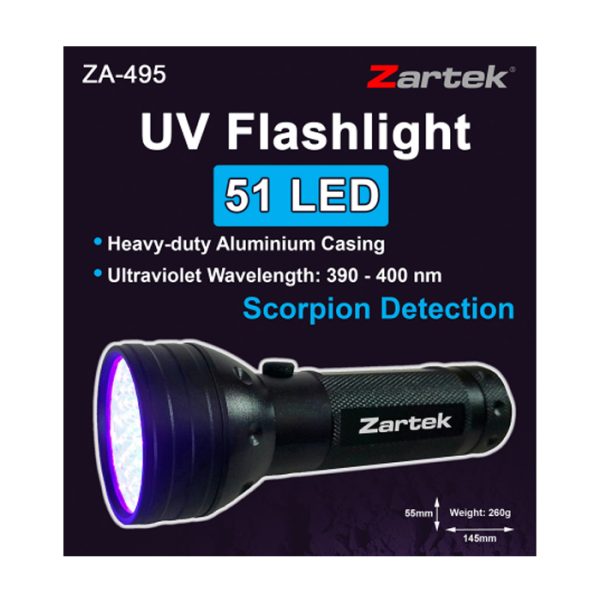 zartek za-495 002. Zartek UV Flashlight, Scorpion Detection, 51 LED, 3 AA Batteries Incl.