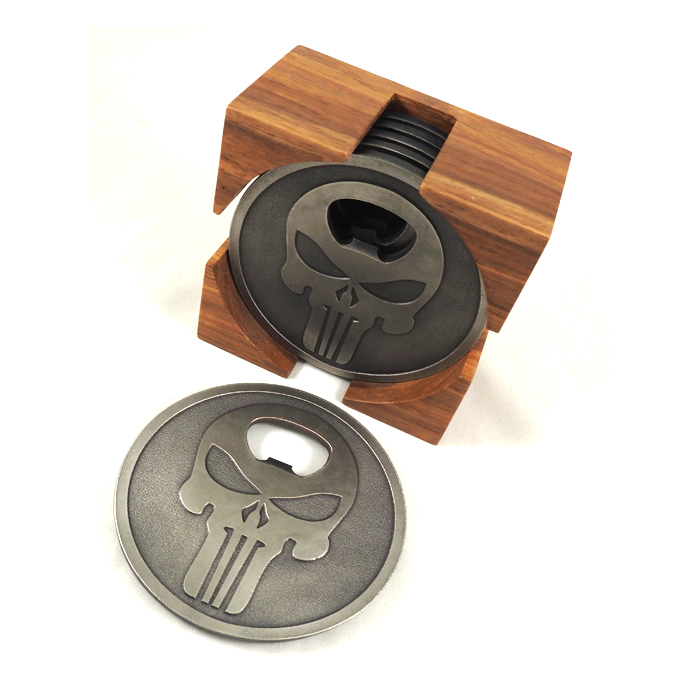 dzi metal punisher 6pc coaster set with holder 001. Set of 6 Metal Punisher Coasters with Bottle Opener & Holder