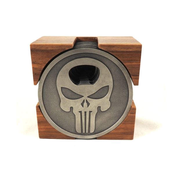 dzi metal punisher 6pc coaster set with holder 002. Set of 6 Metal Punisher Coasters with Bottle Opener & Holder