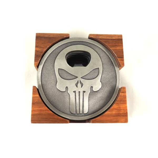 dzi metal punisher 6pc coaster set with holder 003. Set of 6 Metal Punisher Coasters with Bottle Opener & Holder