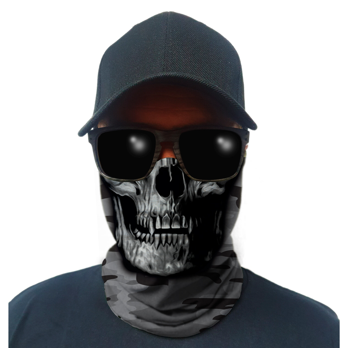 sa-50364-multi-use-tubular-bandana-gator-face-shie. Multi-Use Tubular Bandana/Gator Face Shield - Grey Military Camo Skull