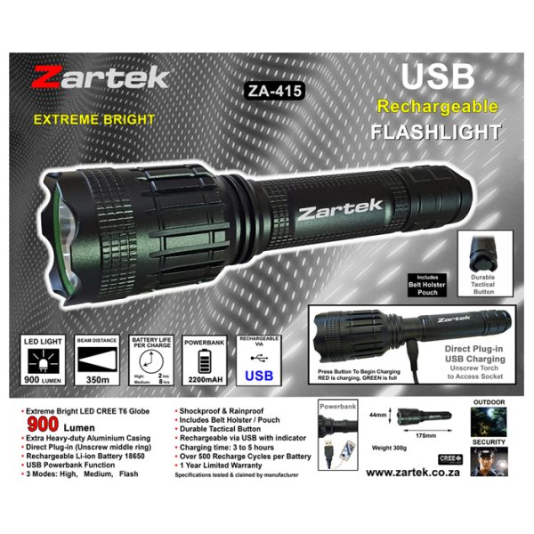 zartek 415 001. Zartek ZA-415 900 Lumen Tactical Flashlight