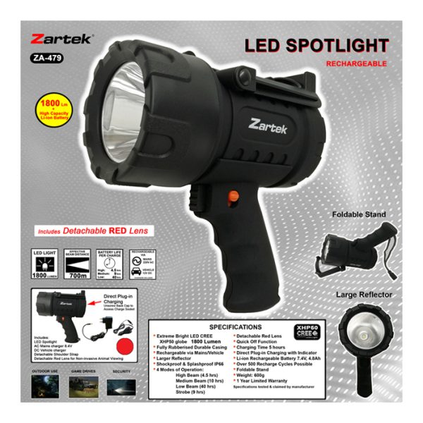 zartek 479 001. Zartek ZA-479 1800 Lumen LED Rechargeable Spotlight