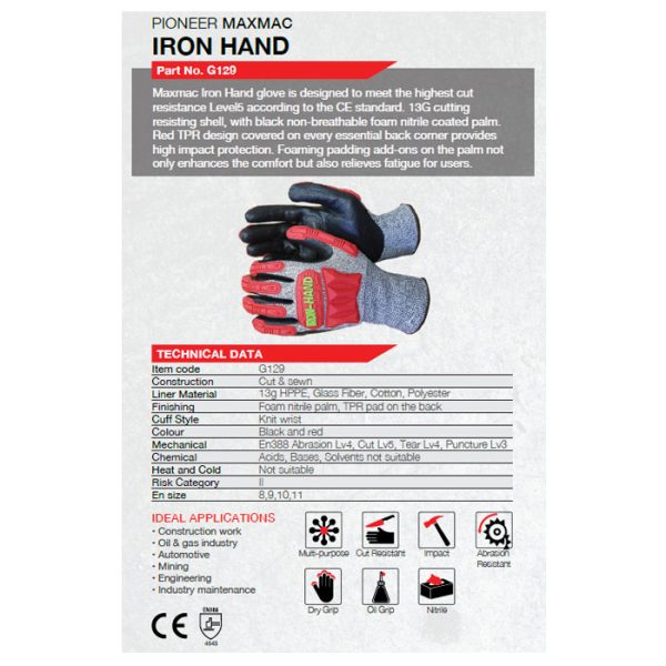 g129 gloves 002. Pioneer Maxmac Iron Hand Glove Cut LV5 , 13 G, Knuckle Nitrile Palm Work Gloves