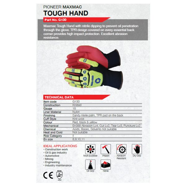 g130 gloves 001. Pioneer Maxmac Tough Hand Glove, 13G, Sandy Nitrile Palm Work Gloves
