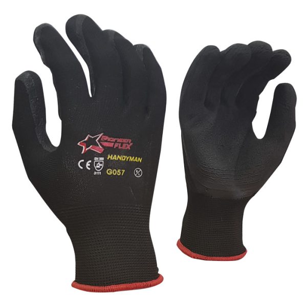 g057 gloves 001. Flex 13 Gauge Black Lined, Black Foam Latex Coated Palm General Purpose Gloves