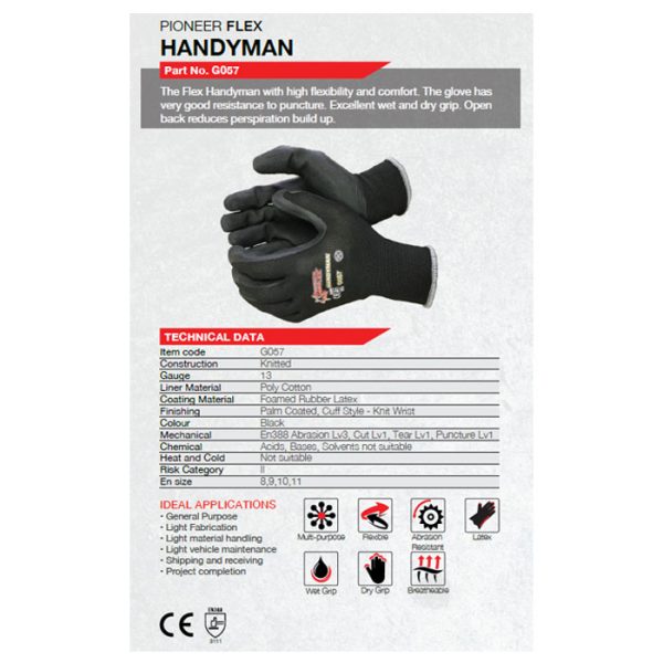 g057 gloves 002. Flex 13 Gauge Black Lined, Black Foam Latex Coated Palm General Purpose Gloves