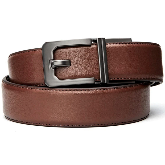kore-leather-x3-belt-brown-001. Kore Classic Reinforced Leather Ratcheting Gun Belt with X3 Buckle - Brown - 24" - 44"