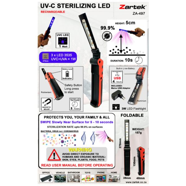 za-497-uvc-led-light-003. Zartek ZA-497 Rechargeable Handheld UV-C Sterilizing Light