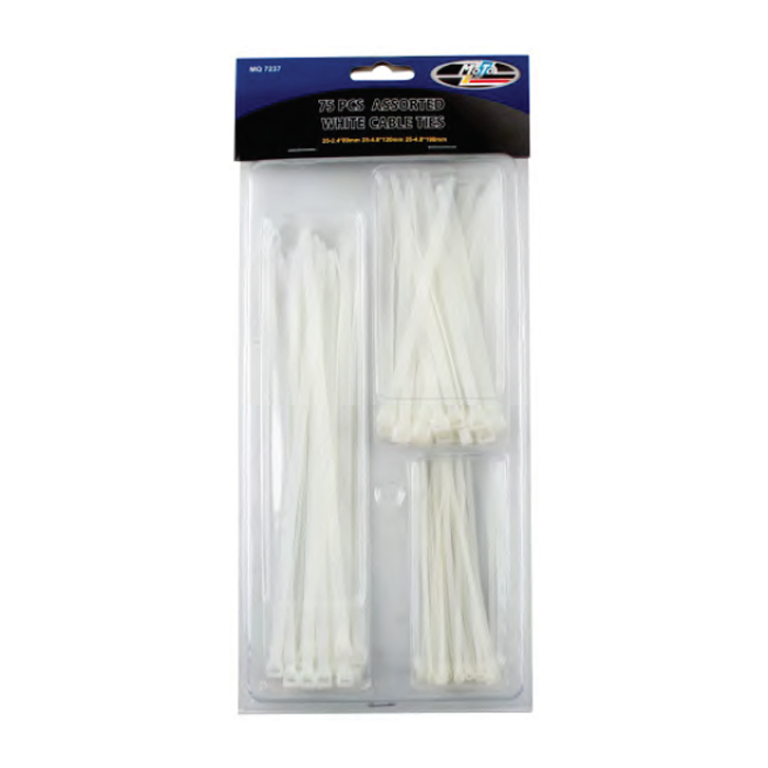 mq7237-001. Moto-Quip Assorted Set of White Cable Ties - 75pcs