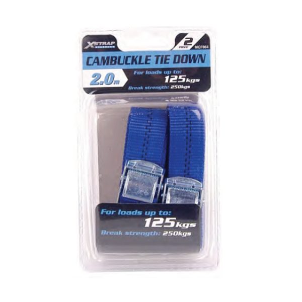 mq7864-001. X -Strap Standard Cam Buckle Tie Down 2.0m X 25mm - 250kg / 125kg - 2 Pieces