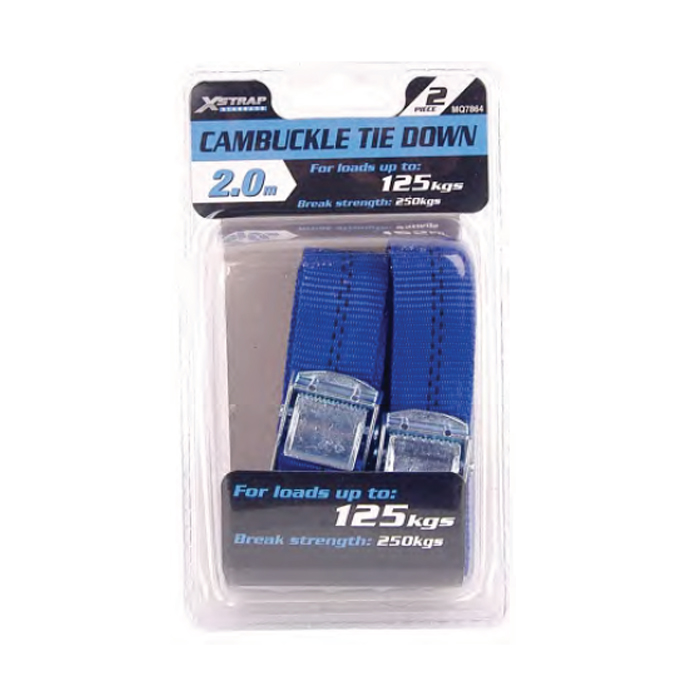 mq7864-001. X -Strap Standard Cam Buckle Tie Down 2.0m X 25mm - 250kg / 125kg - 2 Pieces