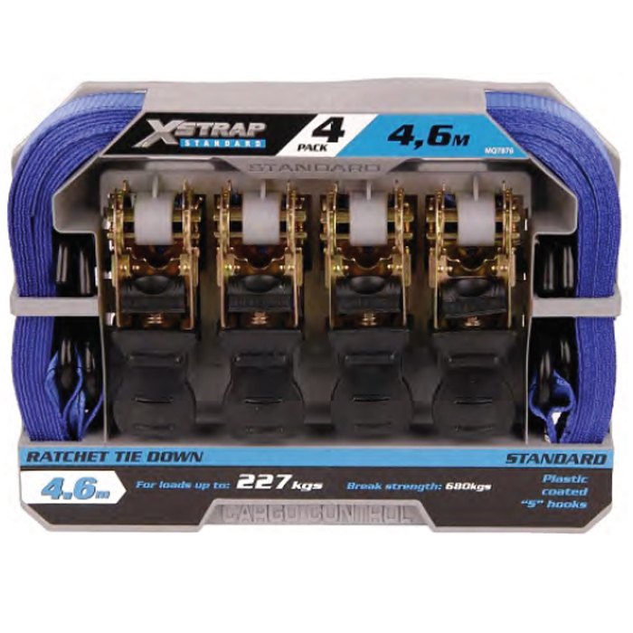 mq7867-001. X- Strap Standard 4,6m X 25mm Ratchet Tie Down 680kg/ 227kg - 4 Pieces