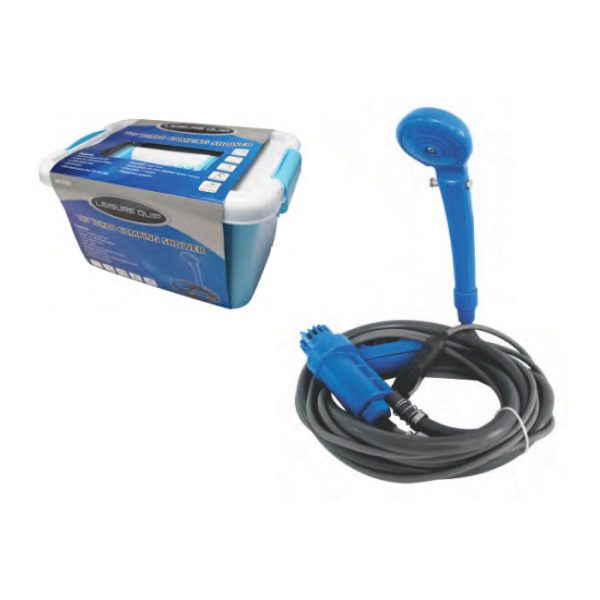 mq8259-001. Leisure Quip 12V DC Turbo Shower With Pump in a Plastic Storage Container