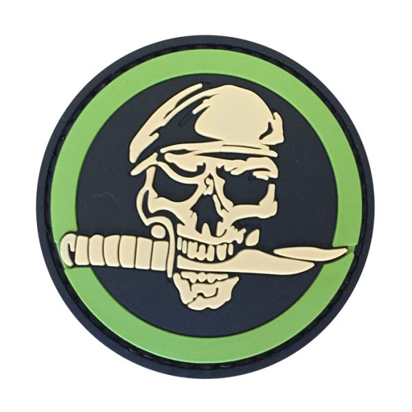 sk-st-tacspec-skull-&-knife-pvc-velcro-patch---bla. TacSpec "Skull & Knife" PVC Velcro Patch - Black/White/Green