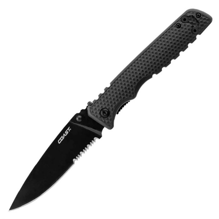 co-k20825-coast-tx399-tac-fld-blk-bld-half-ser-001. Coast TX399 Tactical Double Lock Black w/Partially Serrated Black Blade