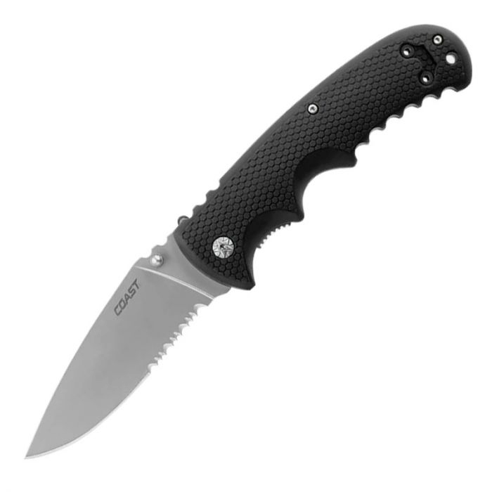 co-k21484coast-dx318-blk-rub-hnd-half-ser-bld-001. Coast DX318 Double Lock Black w/Partially Serrated Blade
