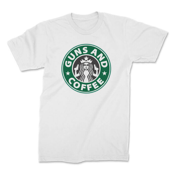 guns and coffee front white. TON "Guns and Coffee" Unisex Premium T-Shirt - White