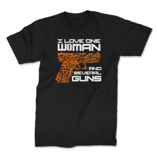 i love one woman front black. TON "Love and Guns" Unisex Premium T-Shirt - Black