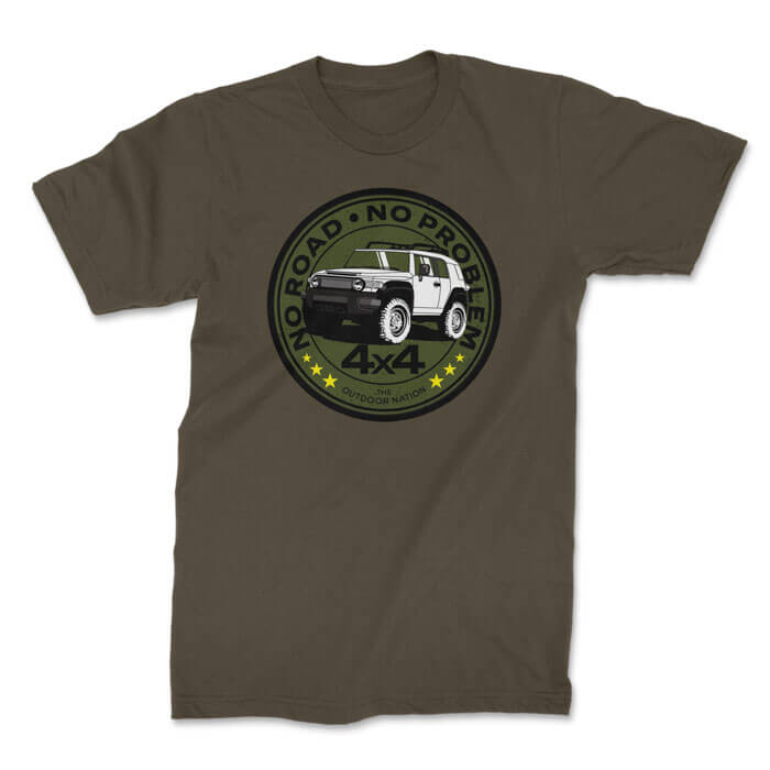 no road no worry - fj cruiser front olive. TON "No Road No Problem - FJ Cruiser" Unisex Premium T-Shirt