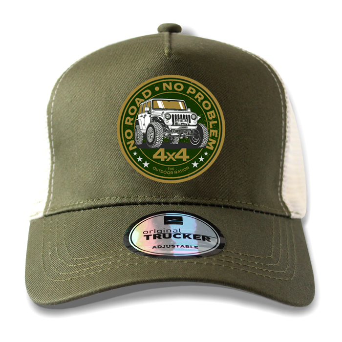 ton-outdoor-6-panel-outdoor-trucker-cap---no-road-. TON "No Road, No Problem - Jeep" Outdoor Trucker Cap