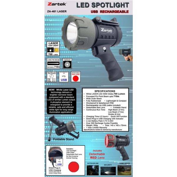 zartek-za-461-002. Zartek ZA-461 LASER 700 Lumen Rechargeable LED Spotlight