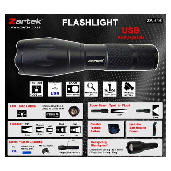 zartek-za-416-002. Zartek ZA-416 Extreme Bright LED 1000 Lumen Rechargable USB Flashlight