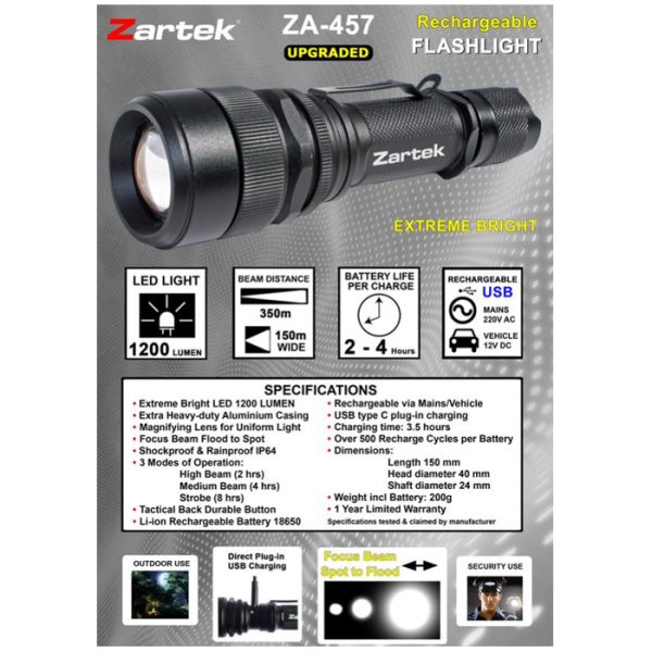 zartek-za-457-002. Zartek ZA-457 Extreme Bright LED-Heavy Duty 1200 Lumen Rechargable USB Flashlight UPGRADED