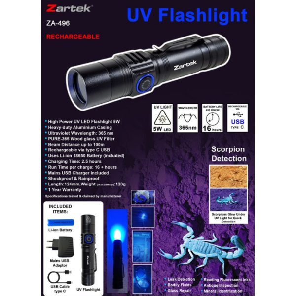 zartek-za-496-002. Zartek ZA-496 UV 5W High Power LED Rechargable USB Flashlight