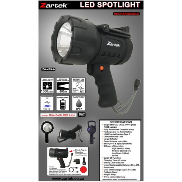 zartek-za-479-a-002. Zartek ZA-479-A Extreme Bright Spotlight LED 1500 Lumen Rechargable USB