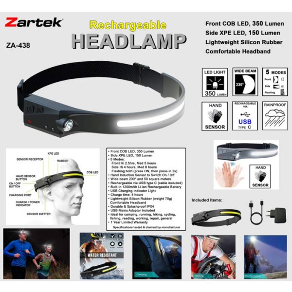 zartek-za-438-002. Zartek ZA-438 LED Headlamp with Silicon Headband with Hand Induction Sensor USB Rechargable