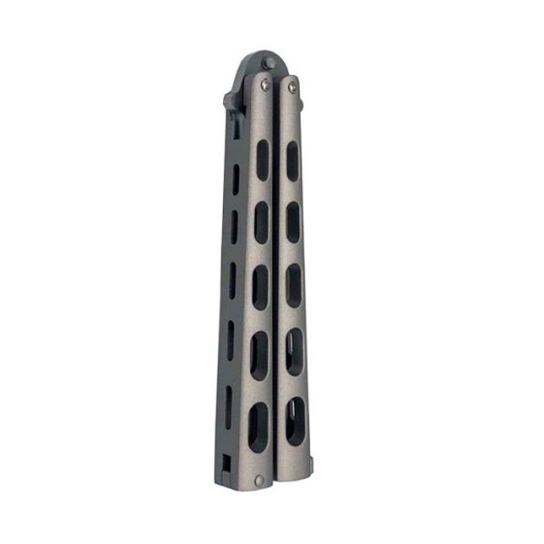 ac-7128-ace-butterfly-kn-sil-hnd-holes-serr-002. Ace Butterfly Knife Satin Skeletonized Handle w/Partially Serrated Satin Finished Blade