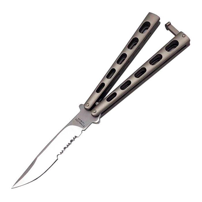 ac-7128-ace-butterfly-kn-sil-hnd-holes-serr-001. Ace Butterfly Knife Satin Skeletonized Handle w/Partially Serrated Satin Finished Blade