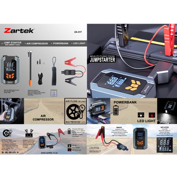 zartek-za-317-008. Zartek ZA-317 Portable Rechargeable Jump Starter / Air Pump